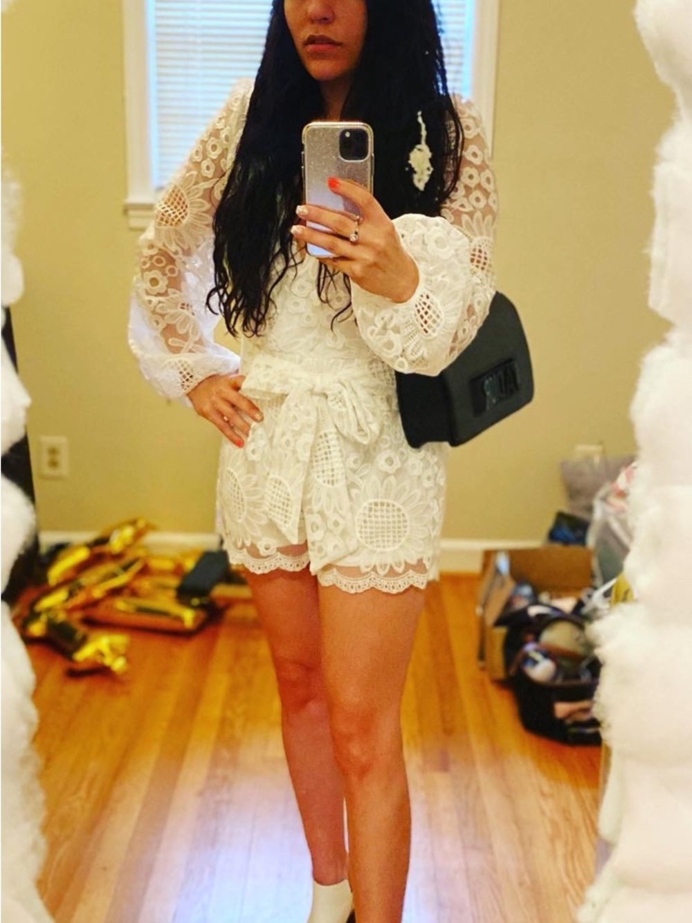 White Lace Long-Sleeve Romper with Tie Waist